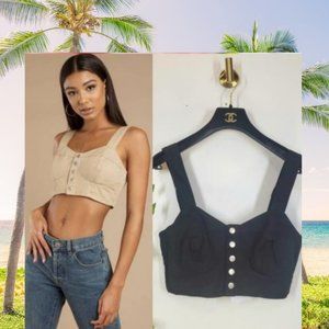 Twiin Top Womens Size Large Tank Sweetheart Black Button Smocked Casual Sexy‎